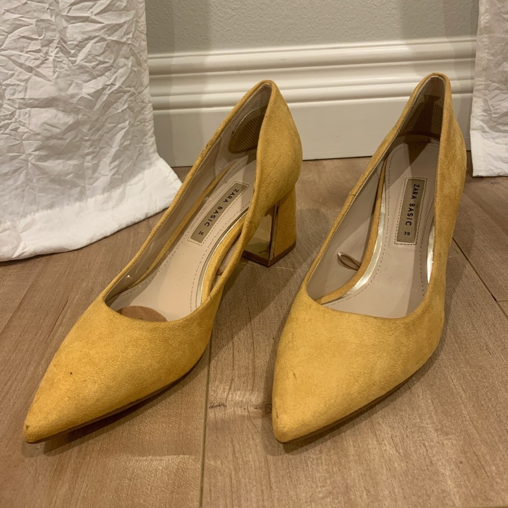 Zara yellow suede and gold mules.